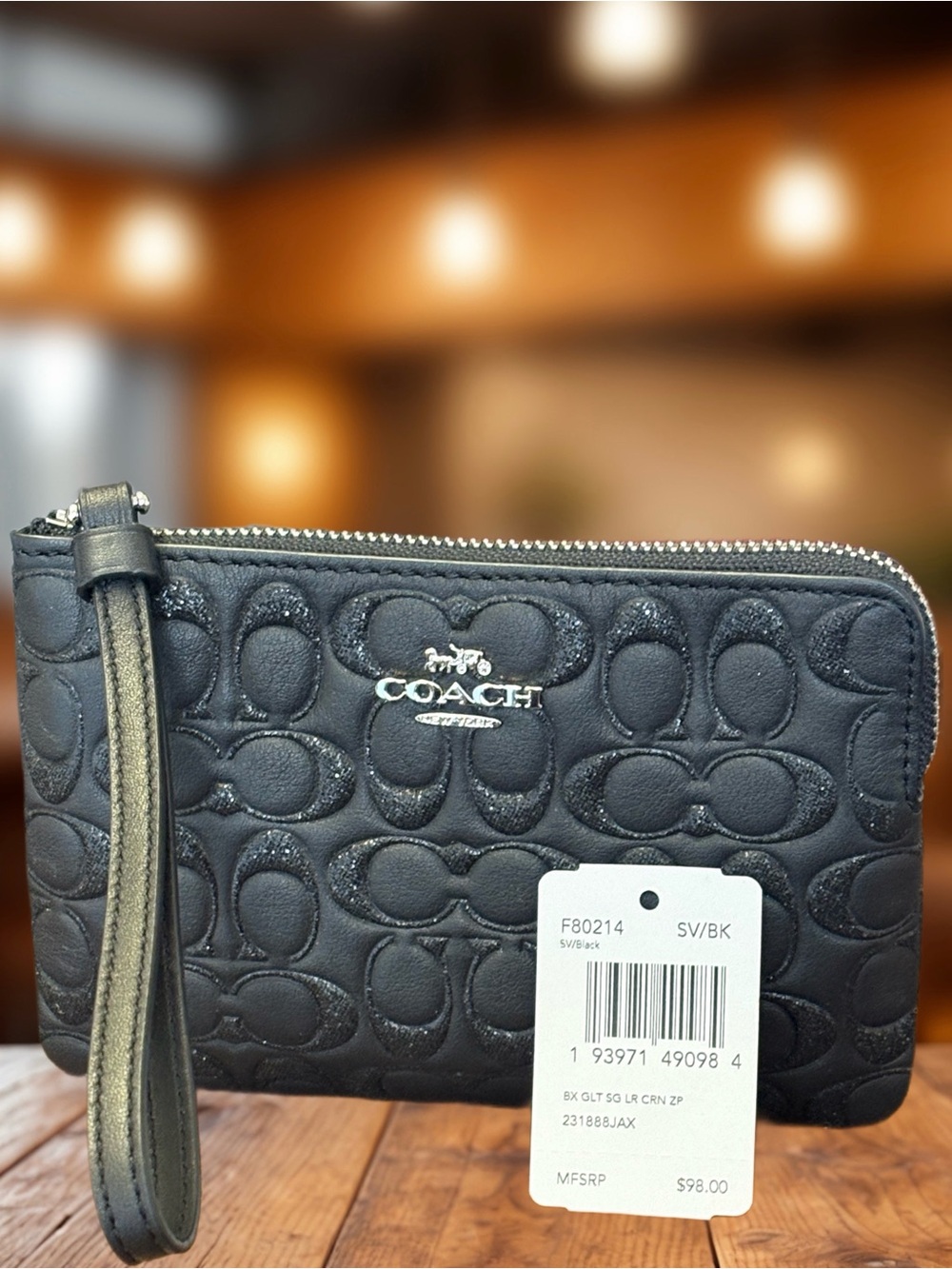 Coach Glitter Black Embossed Signature Wristlet NWT